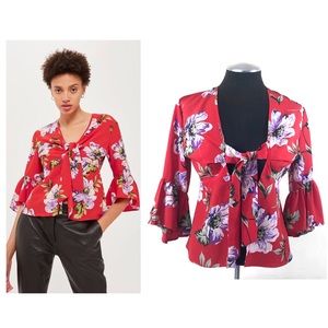 Topshop - Floral Tie Front Bell Sleeve Top